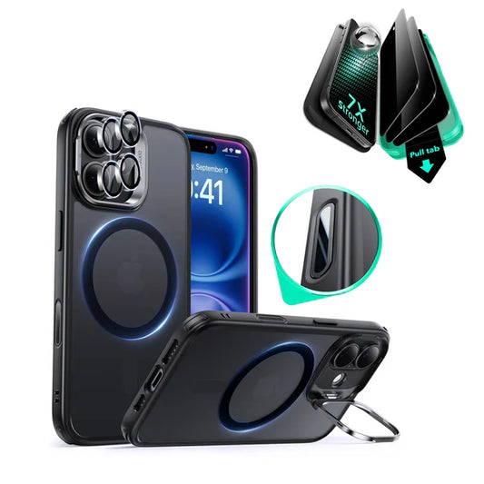 iPhone 16 Classic Hybrid Magnetic Case (Camera Control, Stash Stand) & Privacy Screen Protector Bundle